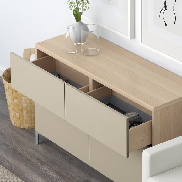 BESTÅ storage combination w doors/drawers, white stained oak effect/Selsviken high-gloss/beige, 120x42x74 cm