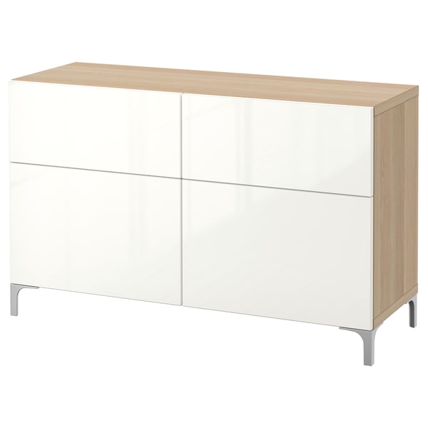 BESTÅ storage combination w doors/drawers, white stained oak effect/Selsviken high-gloss/white, 120x42x74 cm