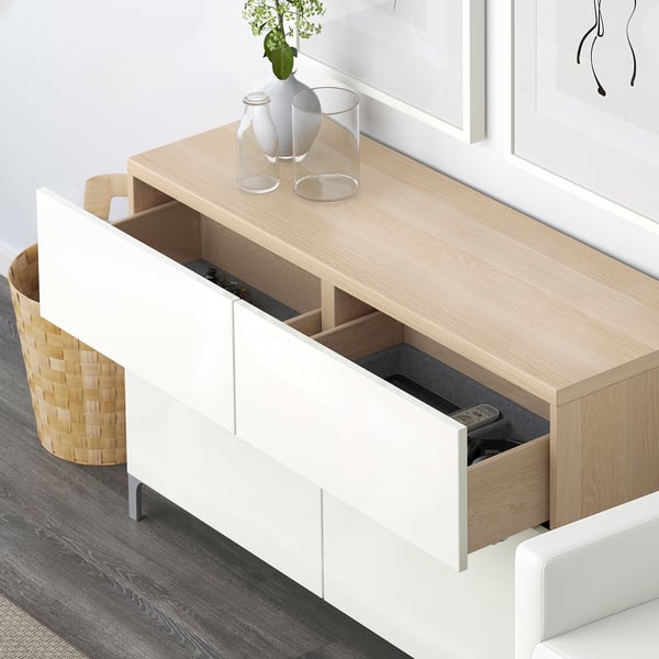 BESTÅ - BESTÅ Storage combination w doors/drawers, white stained oak effect/Selsviken high-gloss/white, 120x42x74 cm
