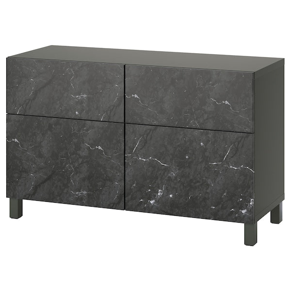 BESTÅ - Storage combination w doors/drawers, dark grey Bergsviken/Stubbarp/black marble effect, 120x42x74 cm