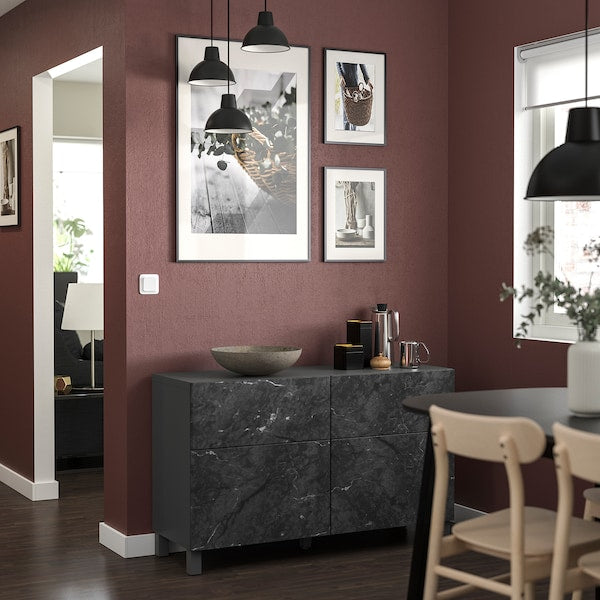 BESTÅ - Storage combination w doors/drawers, dark grey Bergsviken/Stubbarp/black marble effect, 120x42x74 cm