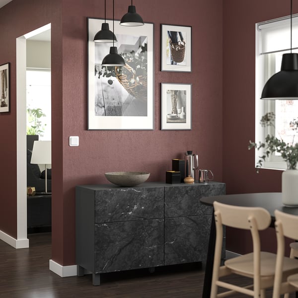 BESTÅ - Storage combination w doors/drawers, dark grey Bergsviken/Stubbarp/black marble effect, 120x42x74 cm