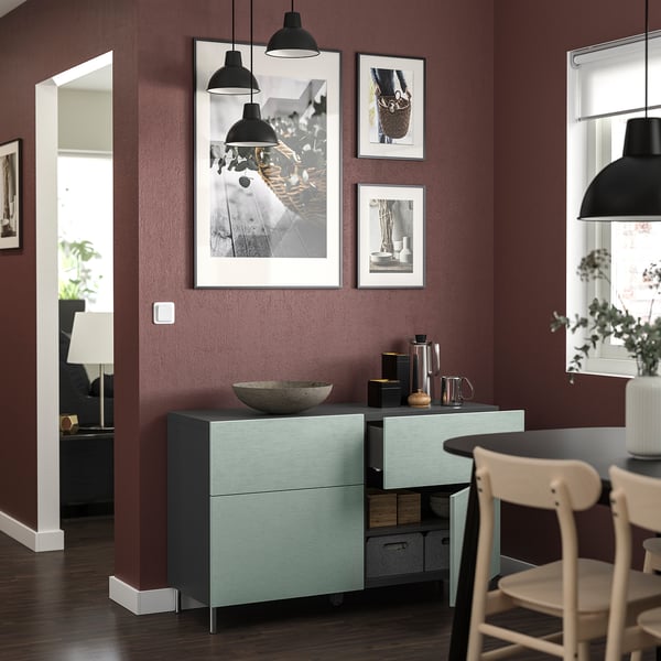 BESTÅ storage combination w doors/drawers, dark grey/Hjortviken/Ösarp pale grey-green, 120x42x74 cm