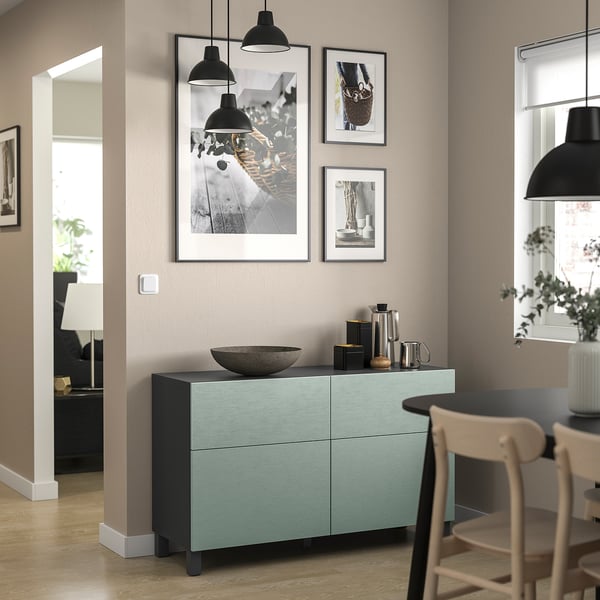 BESTÅ storage combination w doors/drawers, dark grey/Hjortviken/Stubbarp pale grey-green, 120x42x74 cm