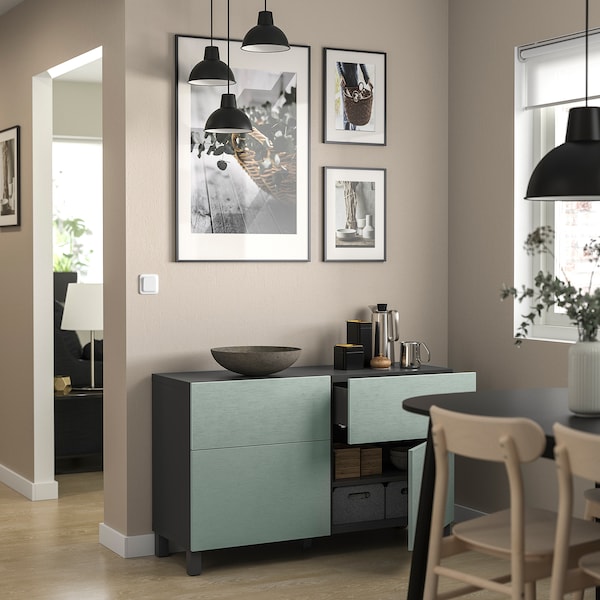 BESTÅ - Storage combination w doors/drawers, dark grey/Hjortviken/Stubbarp pale grey-green, 120x42x74 cm