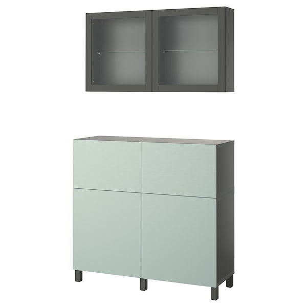 BESTÅ - Storage combination w doors/drawers, dark grey Sindvik/Stubbarp/Hjortviken pale grey-green, 120x42x213 cm