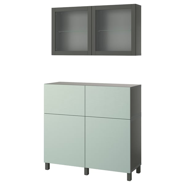 BESTÅ - BESTÅ Storage combination w doors/drawers, dark grey Sindvik/Stubbarp/Hjortviken pale grey-green, 120x42x213 cm