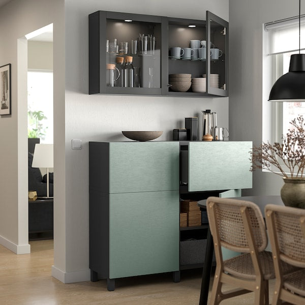 BESTÅ - Storage combination w doors/drawers, dark grey Sindvik/Stubbarp/Hjortviken pale grey-green, 120x42x213 cm