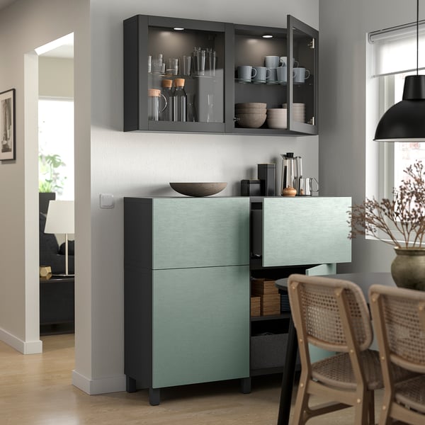 BESTÅ - BESTÅ Storage combination w doors/drawers, dark grey Sindvik/Stubbarp/Hjortviken pale grey-green, 120x42x213 cm