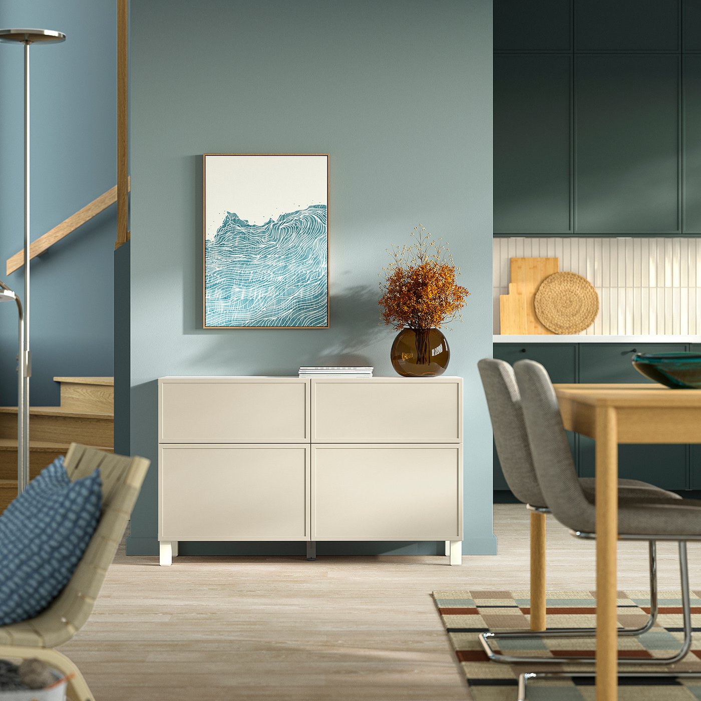 BESTÅ storage combination w doors/drawers, Krukmakare beige/Stubbarp white, 120x42x74 cm