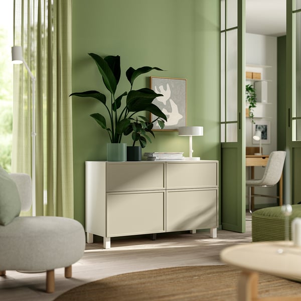 BESTÅ storage combination w doors/drawers, Krukmakare beige/Stubbarp white, 120x42x74 cm