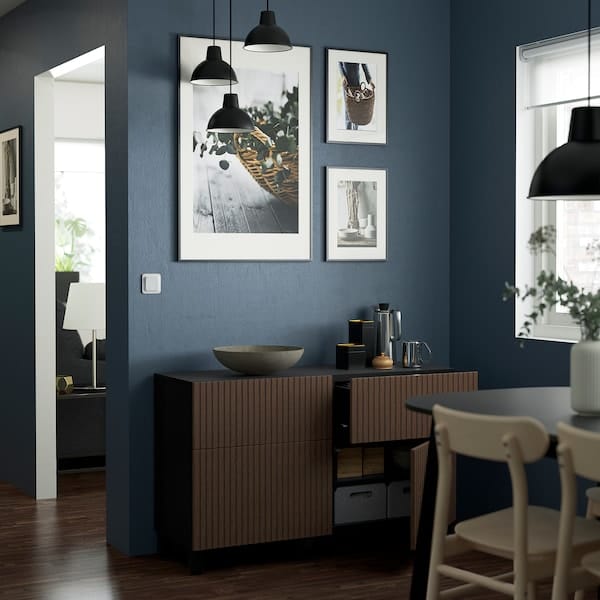 Ikea BESTÅ - Storage combination w doors/drawers, black-brown Björköviken/Stubbarp/brown stained oak veneer, 120x42x74 cm