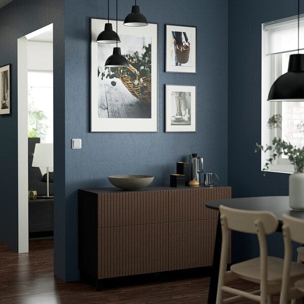 Ikea BESTÅ - Storage combination w doors/drawers, black-brown Björköviken/Stubbarp/brown stained oak veneer, 120x42x74 cm