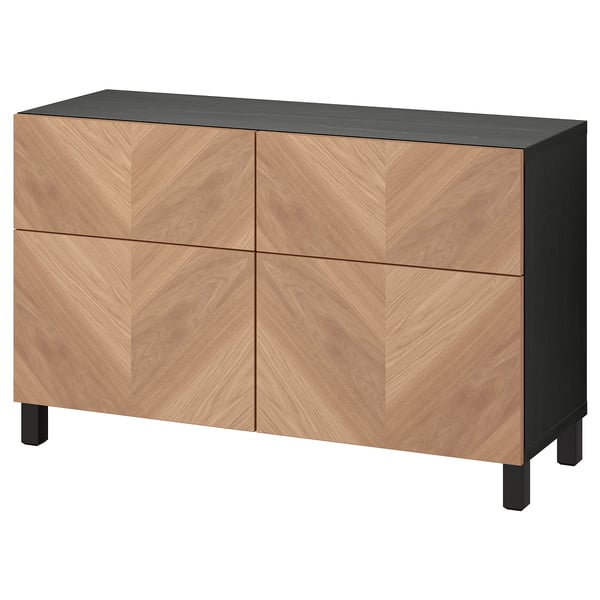 BESTÅ - BESTÅ Storage combination w doors/drawers, black-brown/Hedeviken/Stubbarp oak veneer, 120x42x74 cm