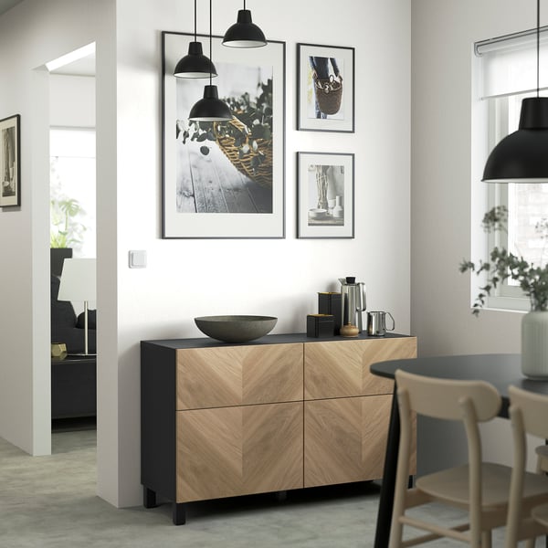BESTÅ - BESTÅ Storage combination w doors/drawers, black-brown/Hedeviken/Stubbarp oak veneer, 120x42x74 cm
