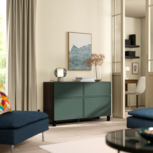 BESTÅ storage combination w doors/drawers, black-brown/Krukmakare dark grey-green, 120x42x74 cm