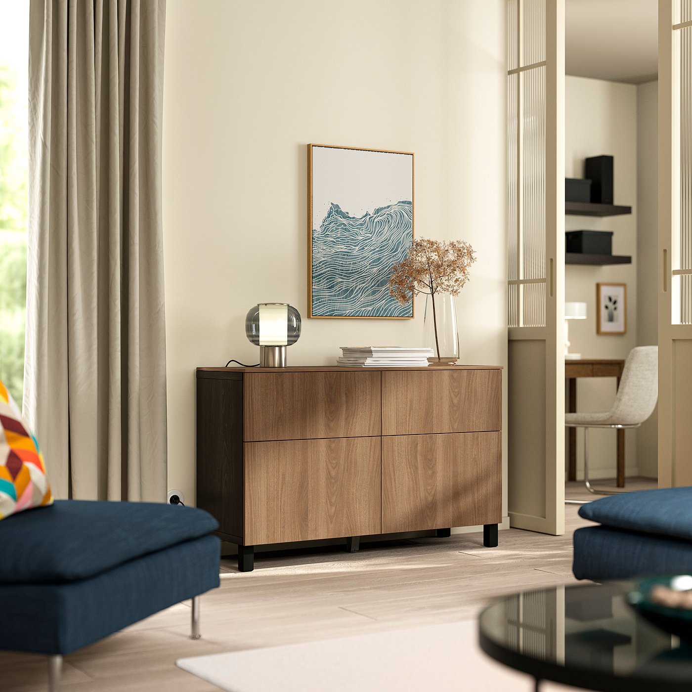 BESTÅ storage combination w doors/drawers, black-brown/Lappviken/Stubbarp walnut effect, 120x42x75 cm