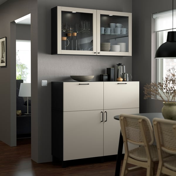 BESTÅ storage combination w doors/drawers, black-brown Lappviken/Stubbarp/light grey-beige clear glass, 120x42x213 cm