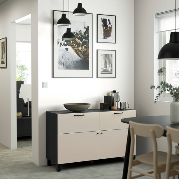 BESTÅ storage combination w doors/drawers, black-brown/Lappviken/Stubbarp light grey-beige, 120x42x74 cm
