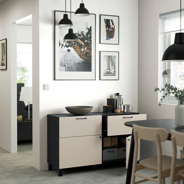 BESTÅ storage combination w doors/drawers, black-brown/Lappviken/Stubbarp light grey-beige, 120x42x74 cm