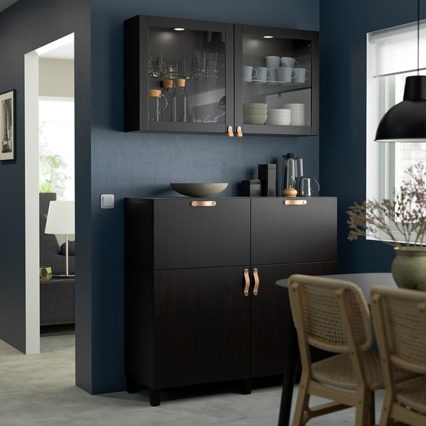 BESTÅ storage combination w doors/drawers, black-brown/Lappviken/Stubbarp black-brown clear glass, 120x42x213 cm