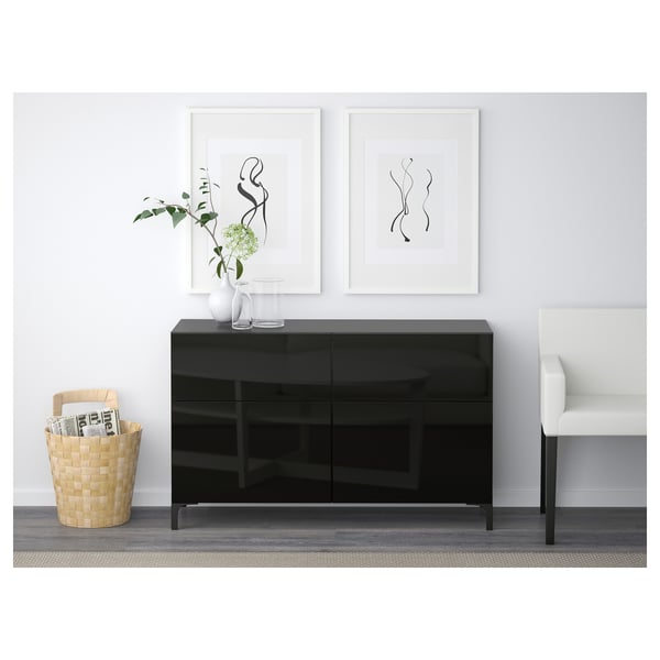 BESTÅ storage combination w doors/drawers, black-brown/Selsviken high-gloss/black, 120x42x74 cm