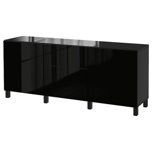 BESTÅ - Combinazione + ante/cassetti, marrone-nero/Selsviken lucido/nero,180x42x74 cm