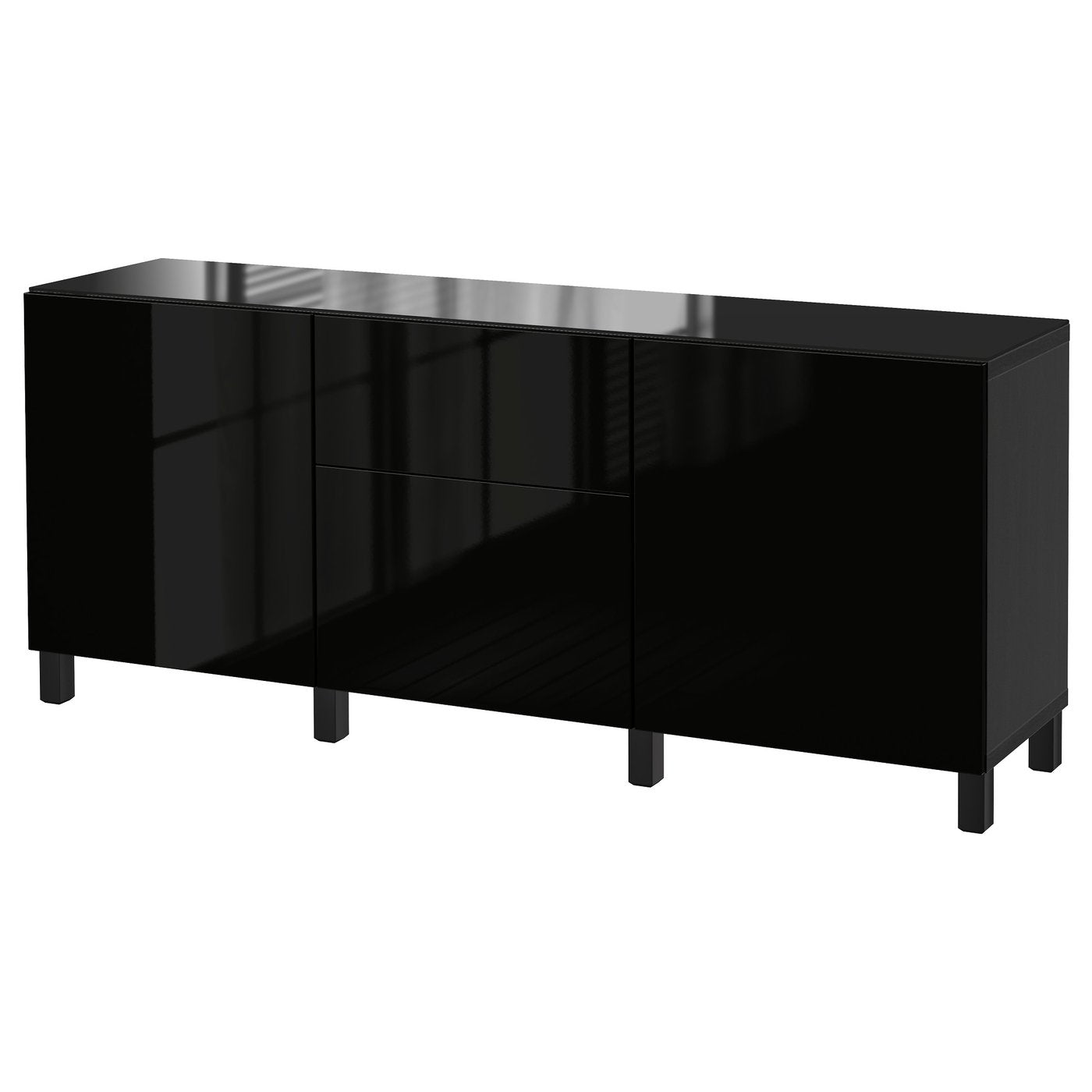 BESTÅ storage combination w doors/drawers, black-brown/Selsviken high-gloss/black, 180x42x74 cm