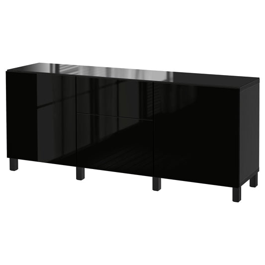 BESTÅ storage combination w doors/drawers, black-brown/Selsviken high-gloss/black, 180x42x74 cm