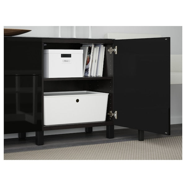 BESTÅ storage combination w doors/drawers, black-brown/Selsviken high-gloss/black, 180x42x74 cm