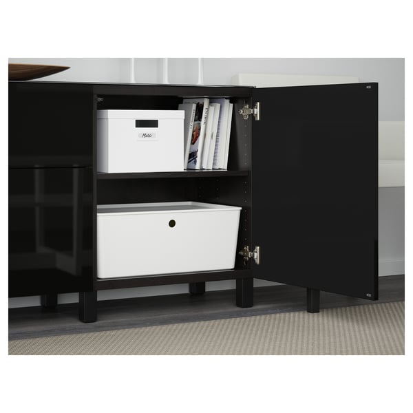 BESTÅ storage combination w doors/drawers, black-brown/Selsviken high-gloss/black, 180x42x74 cm