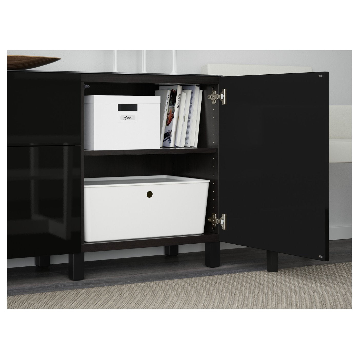BESTÅ storage combination w doors/drawers, black-brown/Selsviken high-gloss/black, 180x42x74 cm