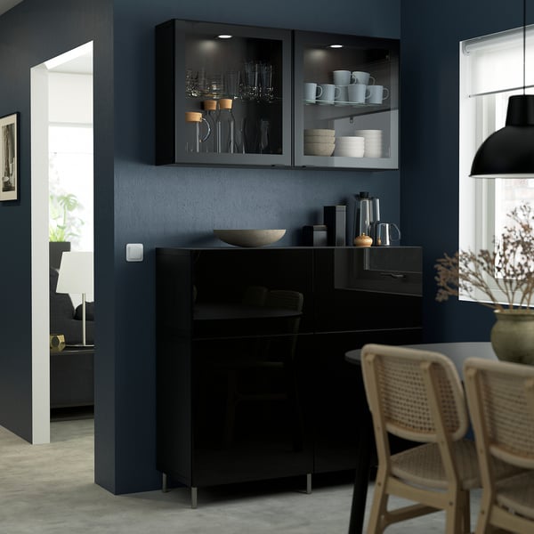 BESTÅ - BESTÅ Storage combination w doors/drawers, black-brown/Selsviken/Ösarp high-gloss/black clear glass, 120x42x213 cm