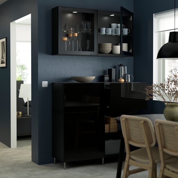 BESTÅ - BESTÅ Storage combination w doors/drawers, black-brown/Selsviken/Ösarp high-gloss/black clear glass, 120x42x213 cm