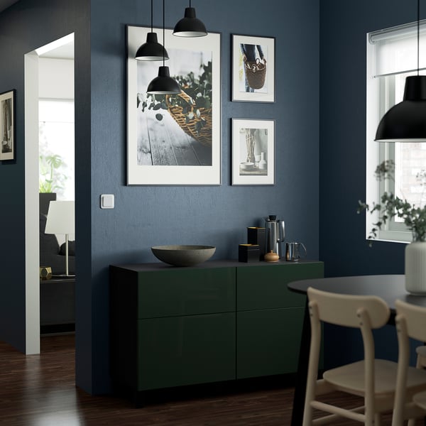 BESTÅ - BESTÅ Storage combination w doors/drawers, black-brown Selsviken/Stubbarp/high-gloss dark olive-green, 120x42x74 cm