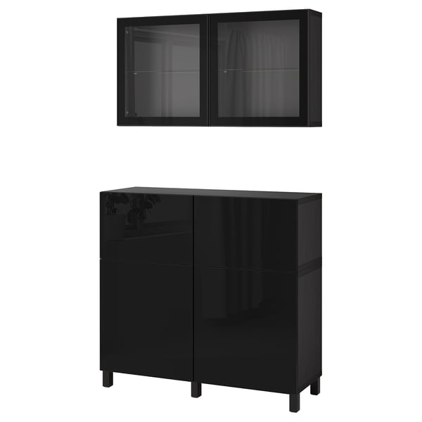 BESTÅ storage combination w doors/drawers, black-brown/Selsviken/Stubbarp high-gloss/black clear glass, 120x42x213 cm