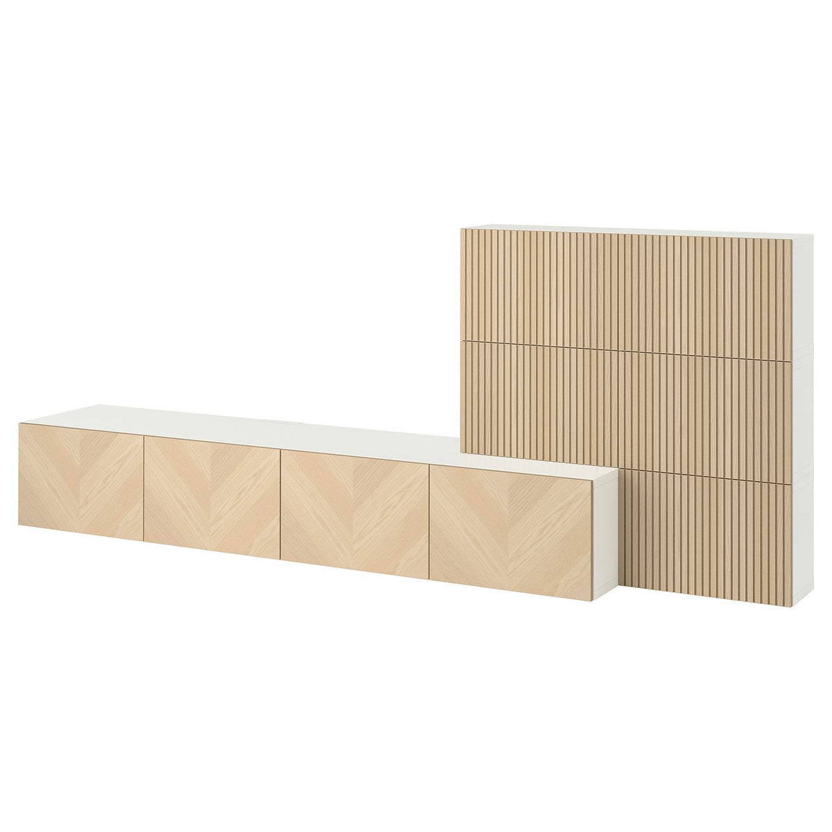 BESTÅ media storage combination, white Björköviken/Hedeviken ash veneer, 300x42x114 cm