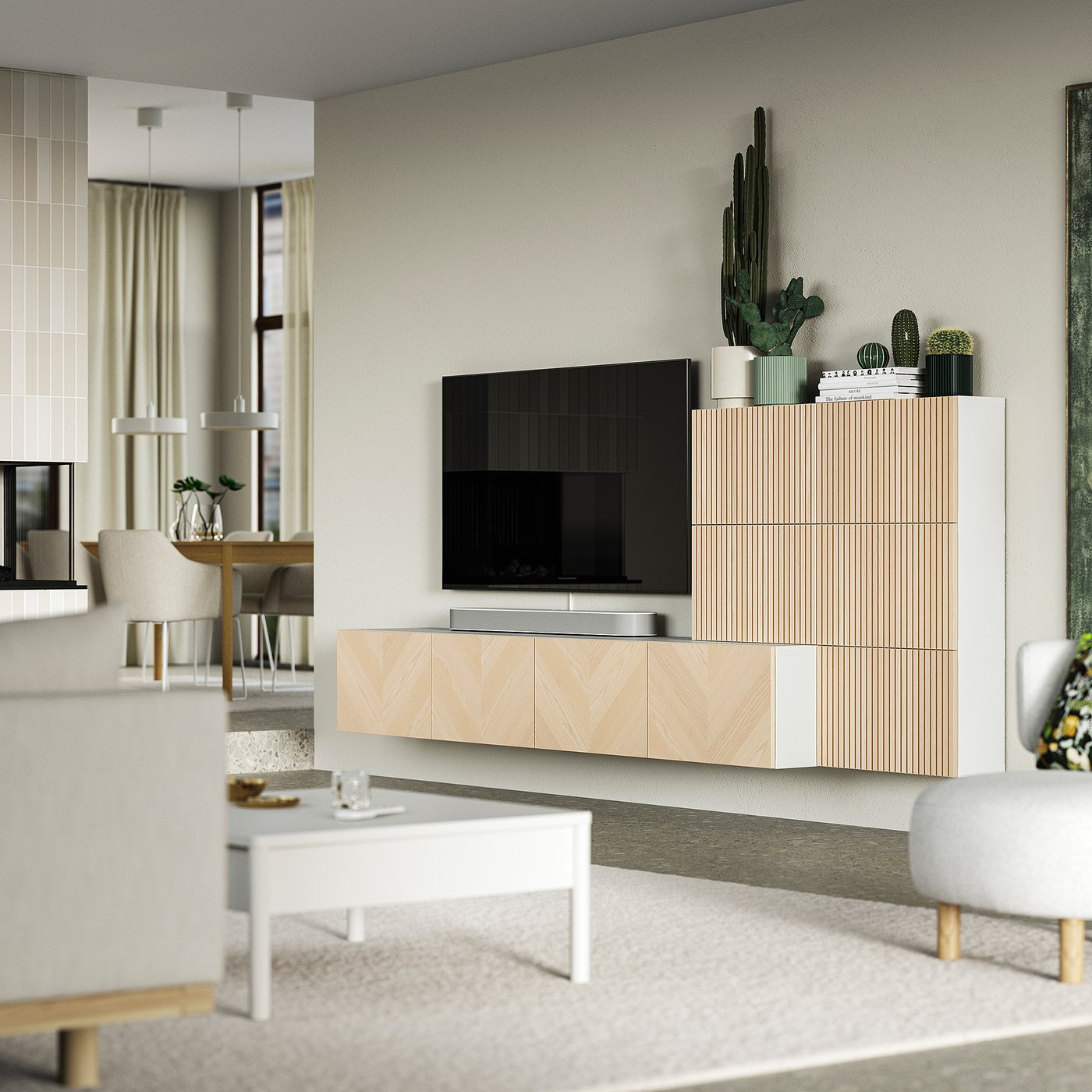 BESTÅ media storage combination, white Björköviken/Hedeviken ash veneer, 300x42x114 cm