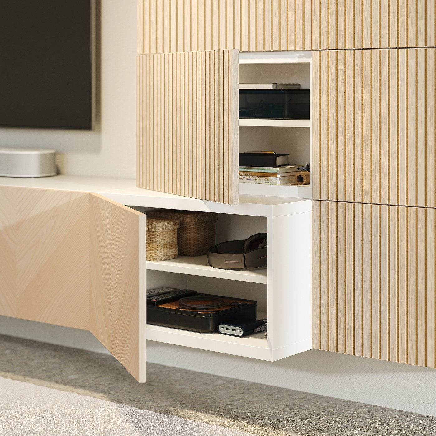 BESTÅ media storage combination, white Björköviken/Hedeviken ash veneer, 300x42x114 cm
