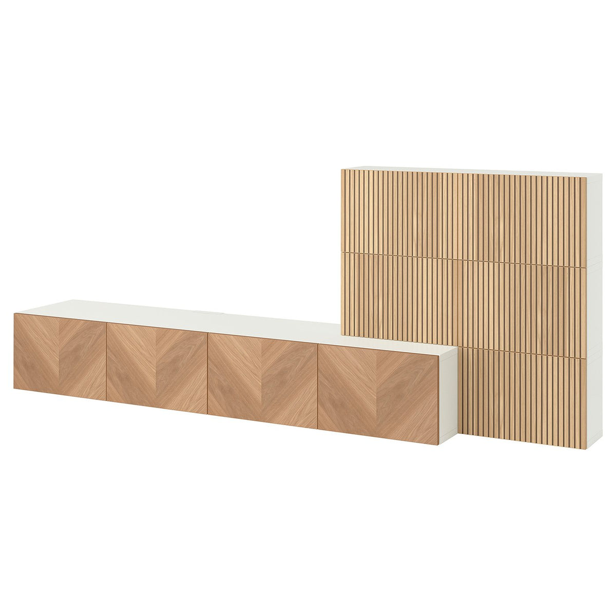 BESTÅ media storage combination, white Björköviken/Hedeviken oak veneer, 300x42x114 cm