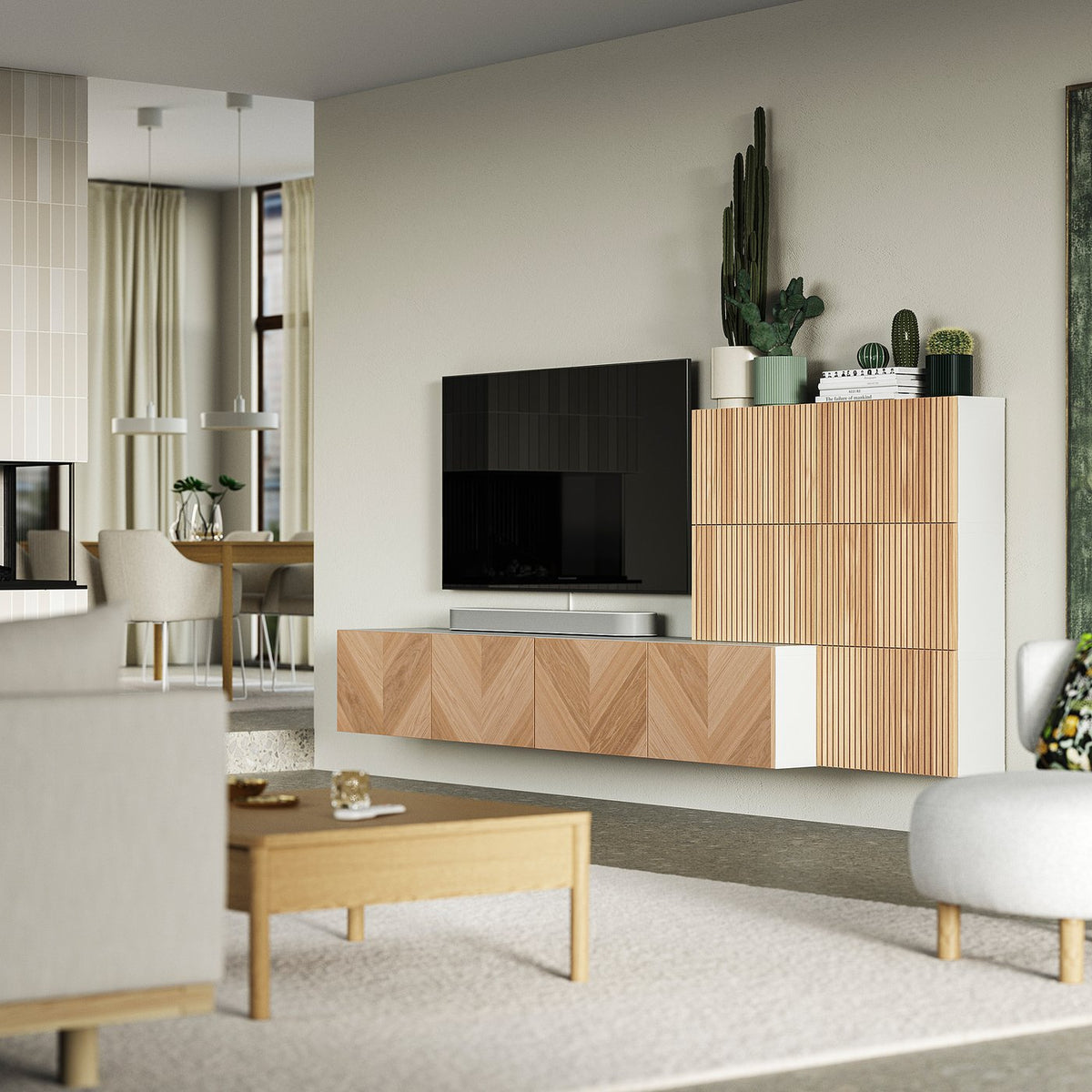 BESTÅ media storage combination, white Björköviken/Hedeviken oak veneer, 300x42x114 cm