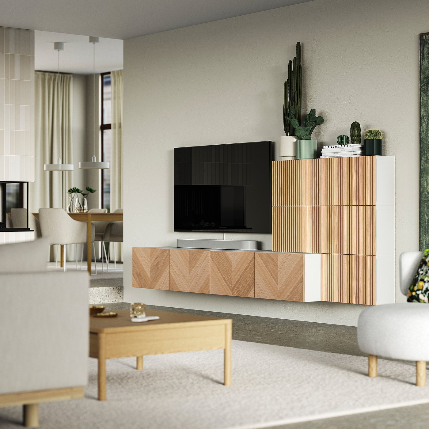 BESTÅ media storage combination, white Björköviken/Hedeviken oak veneer, 300x42x114 cm