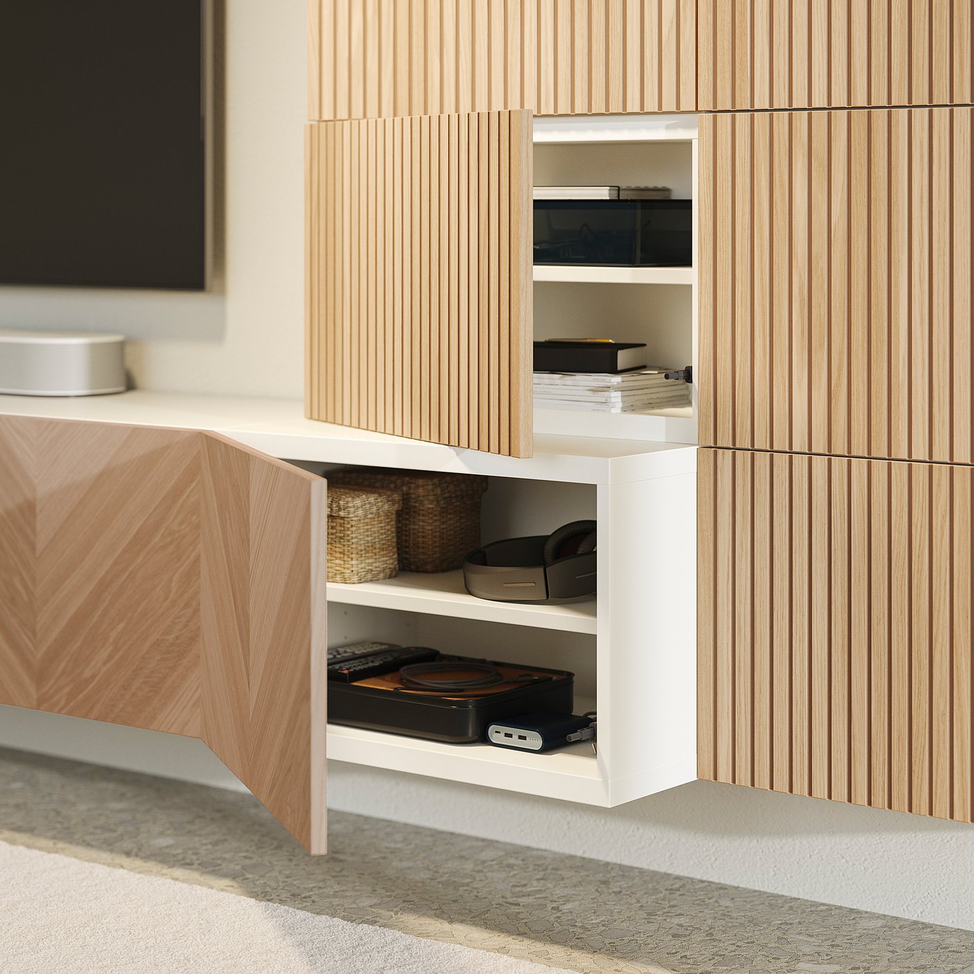 BESTÅ media storage combination, white Björköviken/Hedeviken oak veneer, 300x42x114 cm
