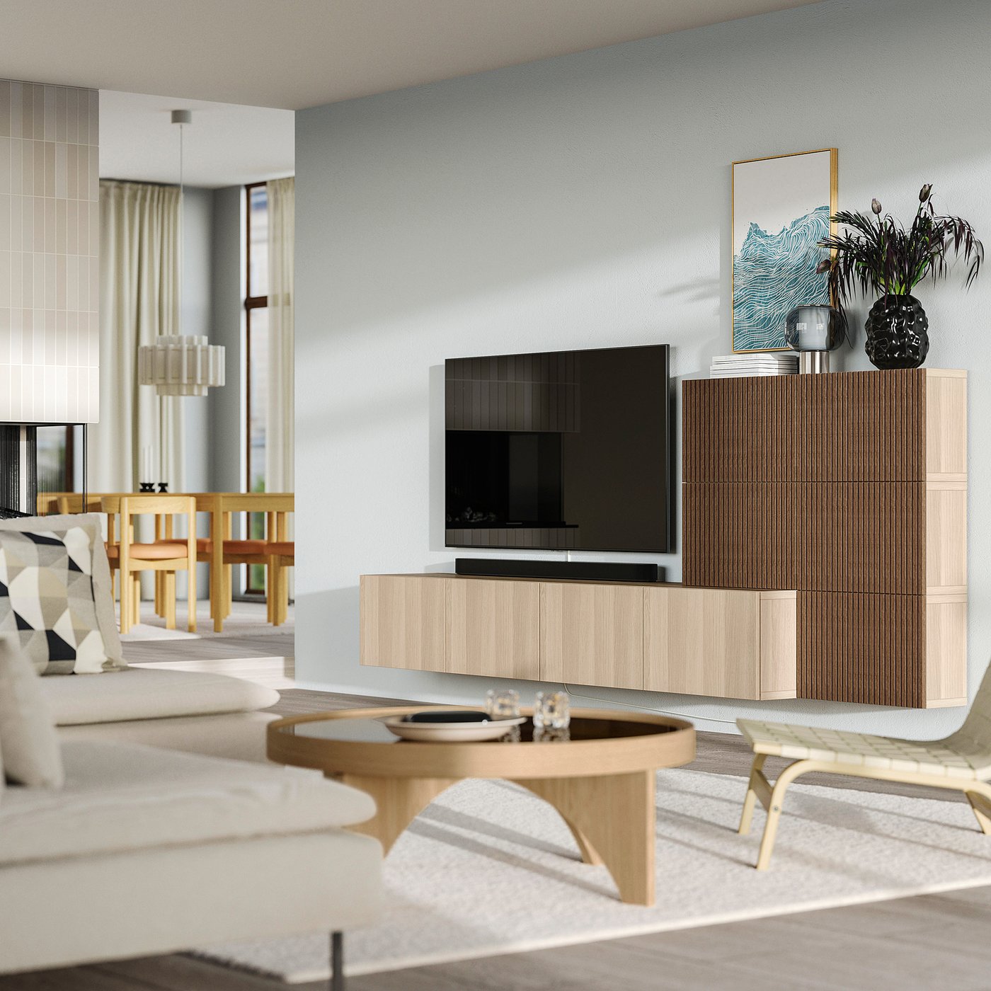 BESTÅ media storage combination, white stained oak effect Lappviken/Björköviken brown, 300x42x114 cm