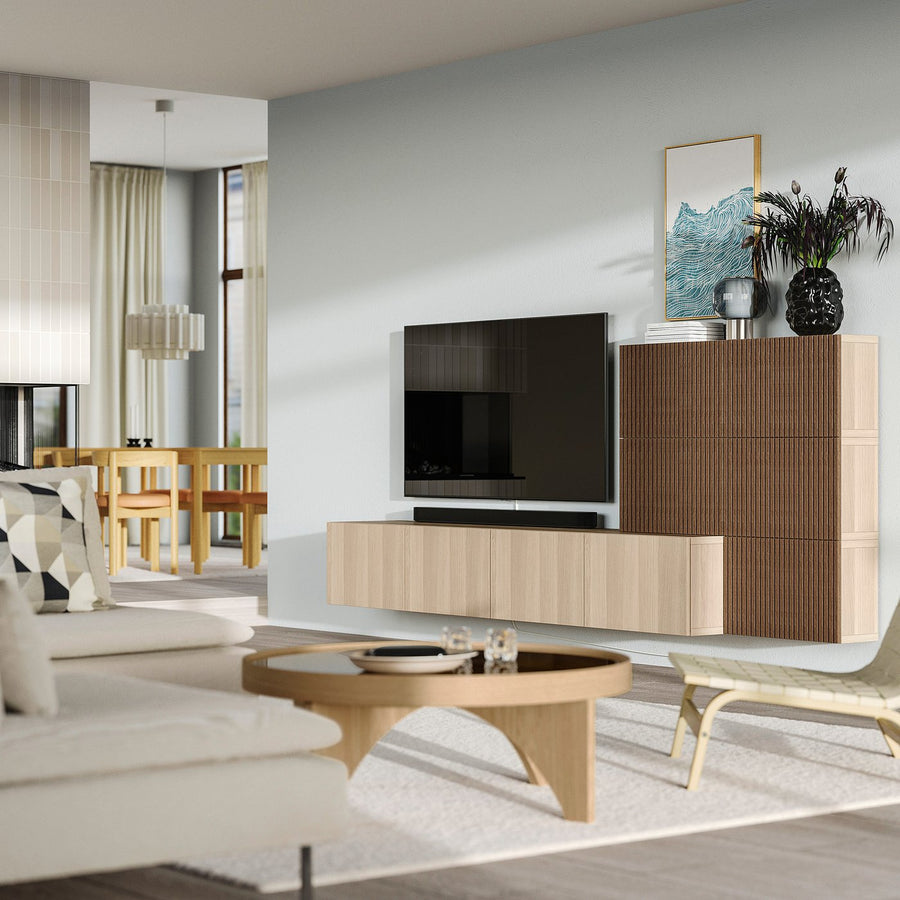 BESTÅ media storage combination, white stained oak effect Lappviken/Björköviken brown, 300x42x114 cm