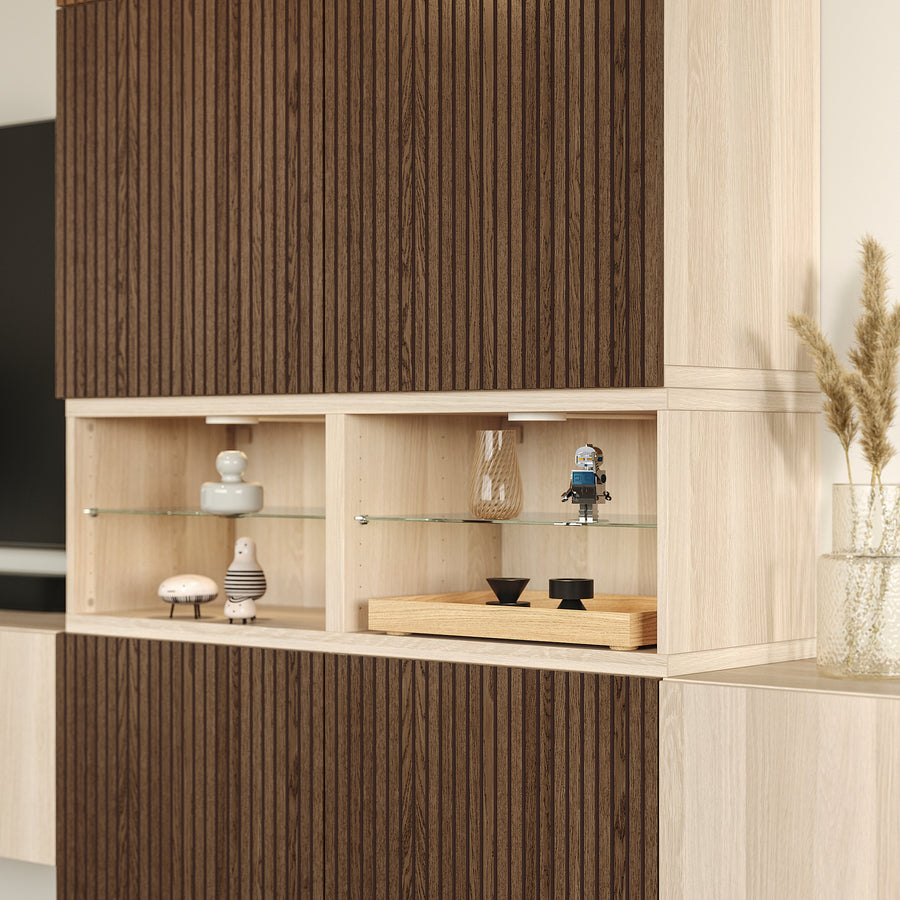 BESTÅ media storage combination, white stained oak effect Lappviken/Björköviken brown, 360x42x231 cm