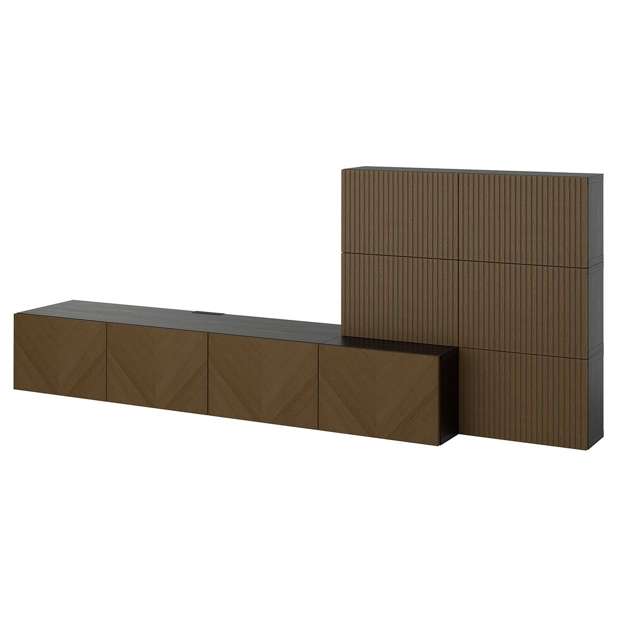 BESTÅ media storage combination, black-brown Björköviken/Hedeviken brown stained oak veneer, 300x42x114 cm