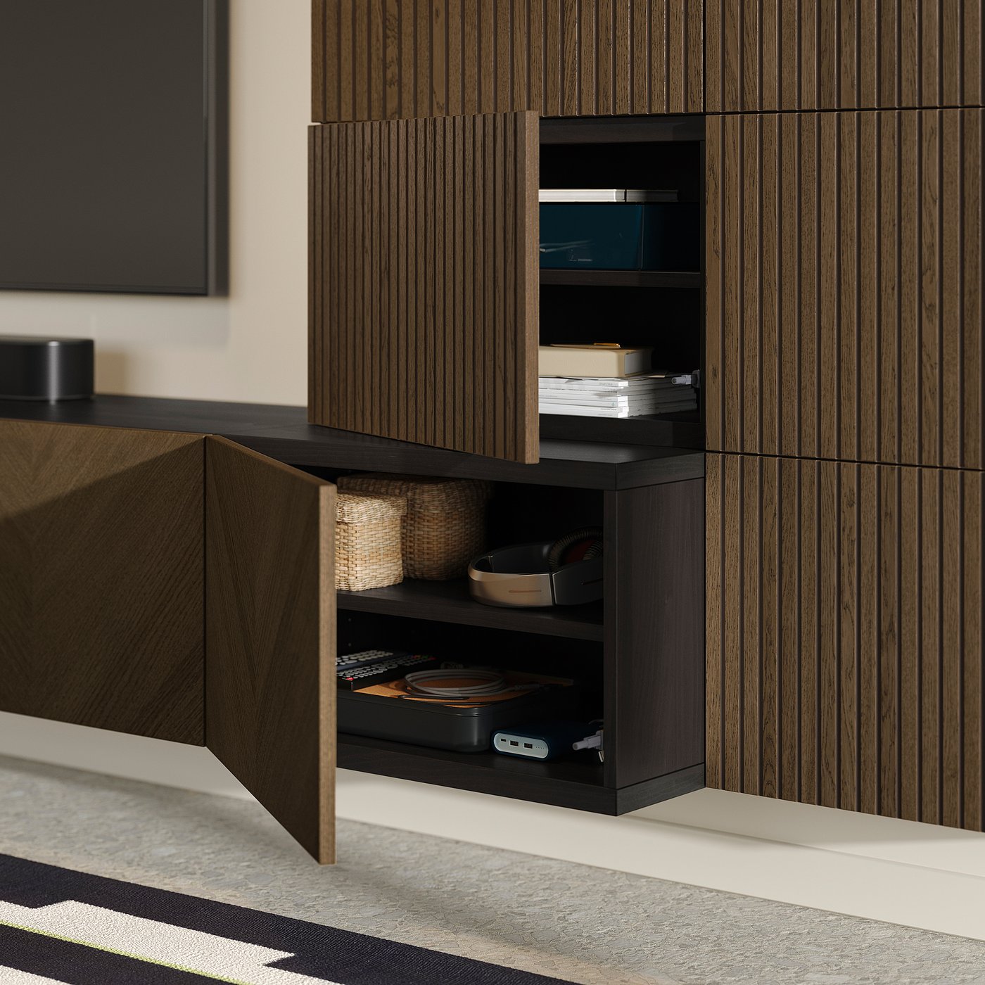 BESTÅ media storage combination, black-brown Björköviken/Hedeviken brown stained oak veneer, 300x42x114 cm