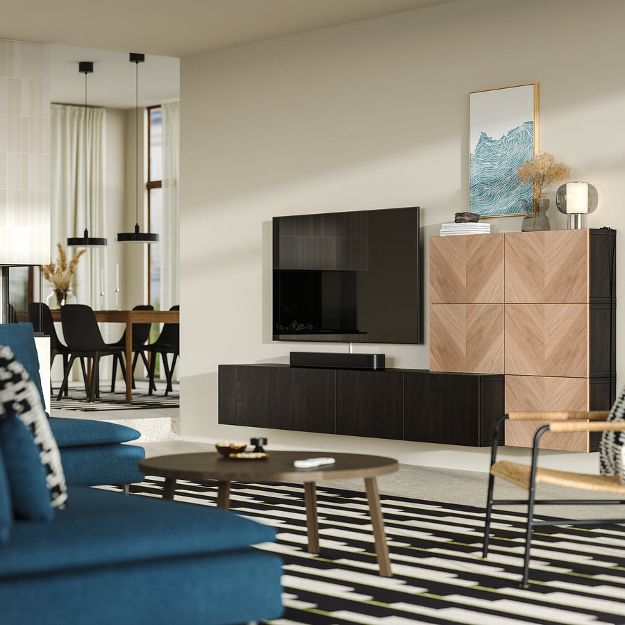 BESTÅ media storage combination, black-brown Lappviken/Hedeviken oak, 300x114x22 cm