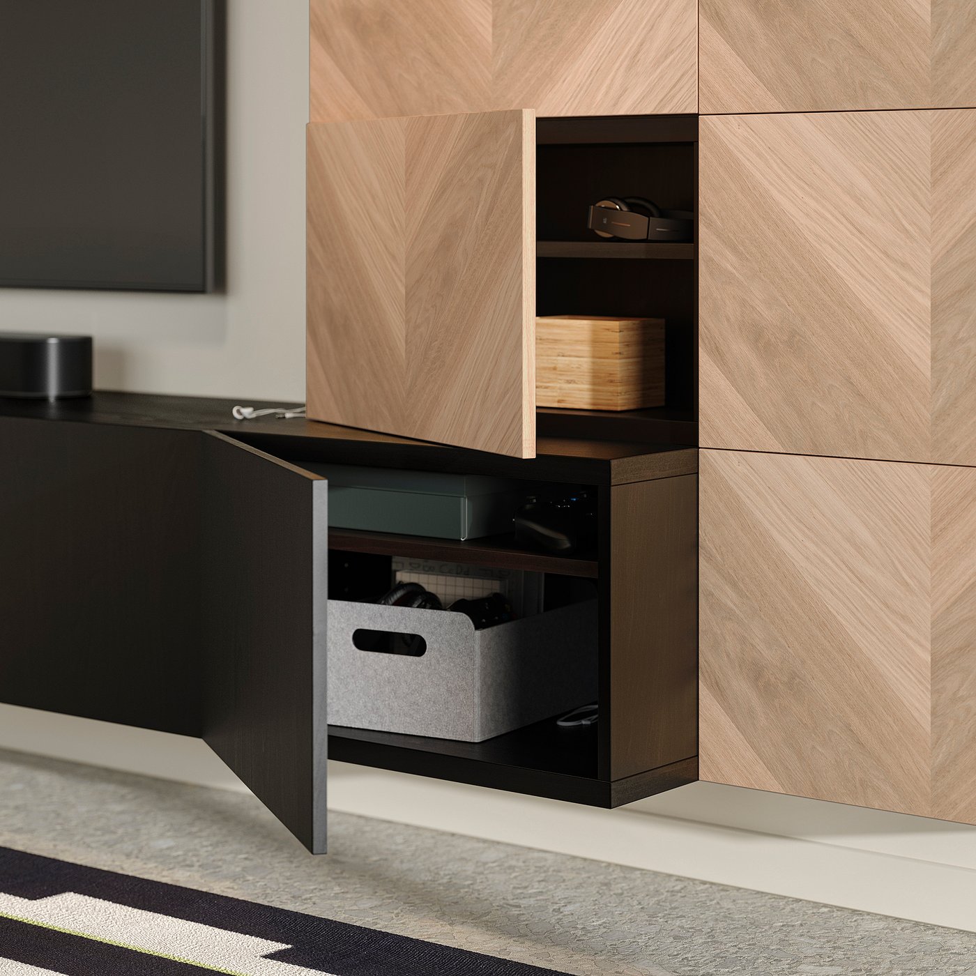 BESTÅ media storage combination, black-brown Lappviken/Hedeviken oak, 300x42x114 cm